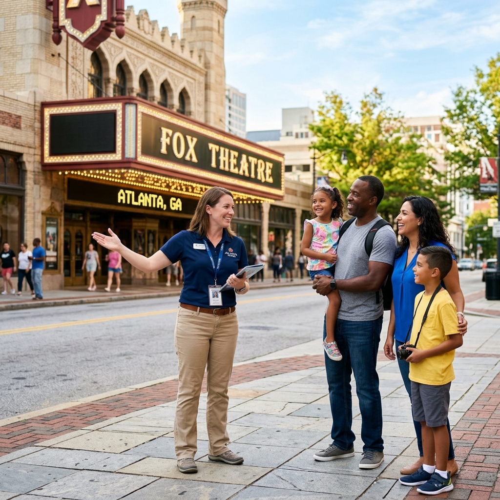 Friendly tour guide welcoming a family